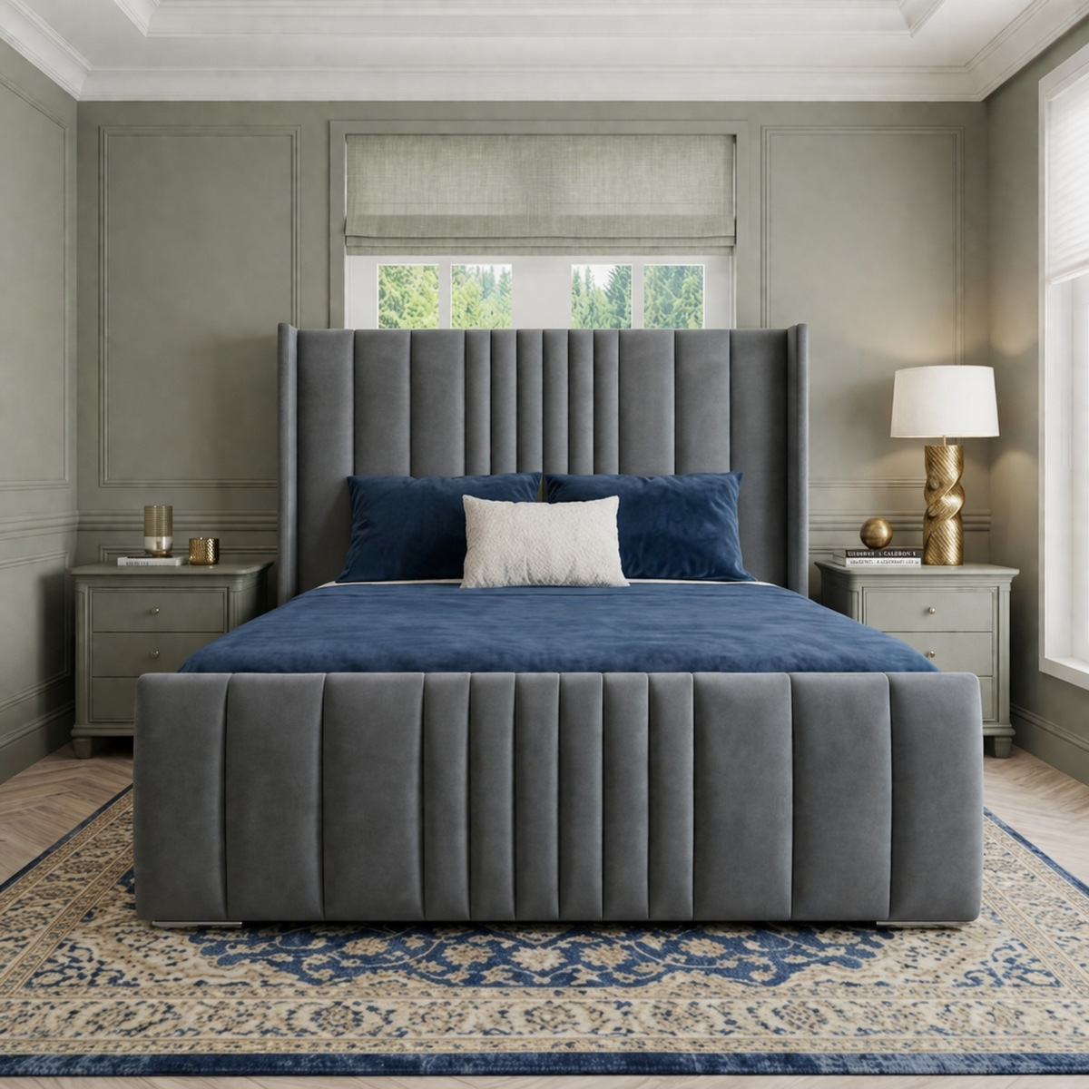Manhattan Plush Velvet Bed | Winged Panelled Headboard | Upholstered Bed with Mattress