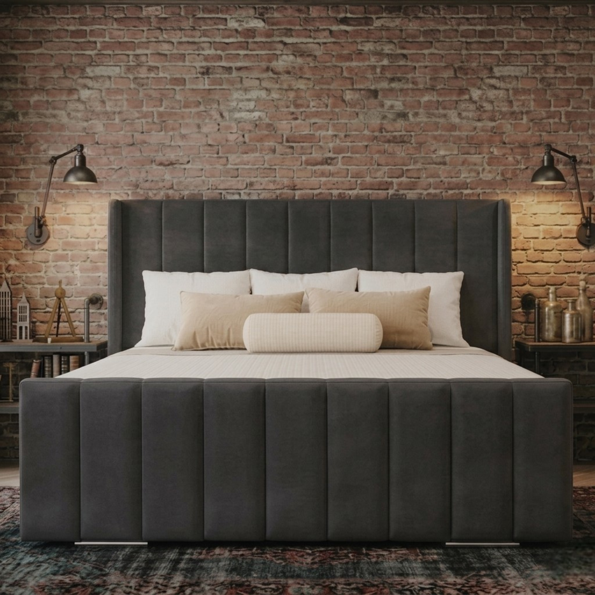 Vienna Plush Velvet Upholstered Bed | 48" Luxury Panelled Headboard | Bed Frame & Mattress Set