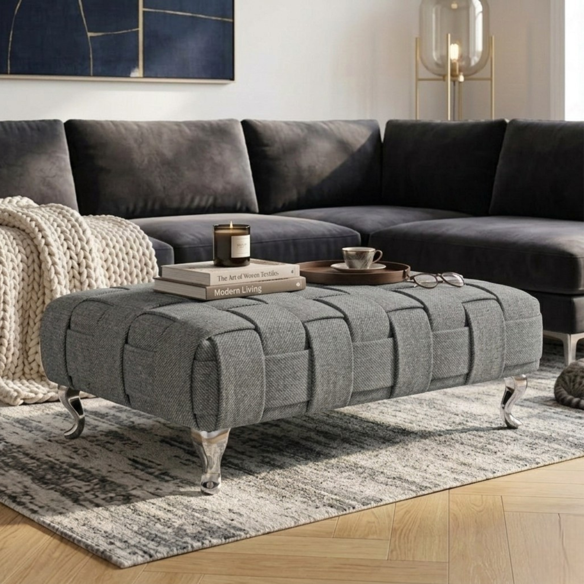 Braided Ottoman Footstool | Woven Dumfries Fabric Upholstered Footrest | Pouffe with Chrome Legs