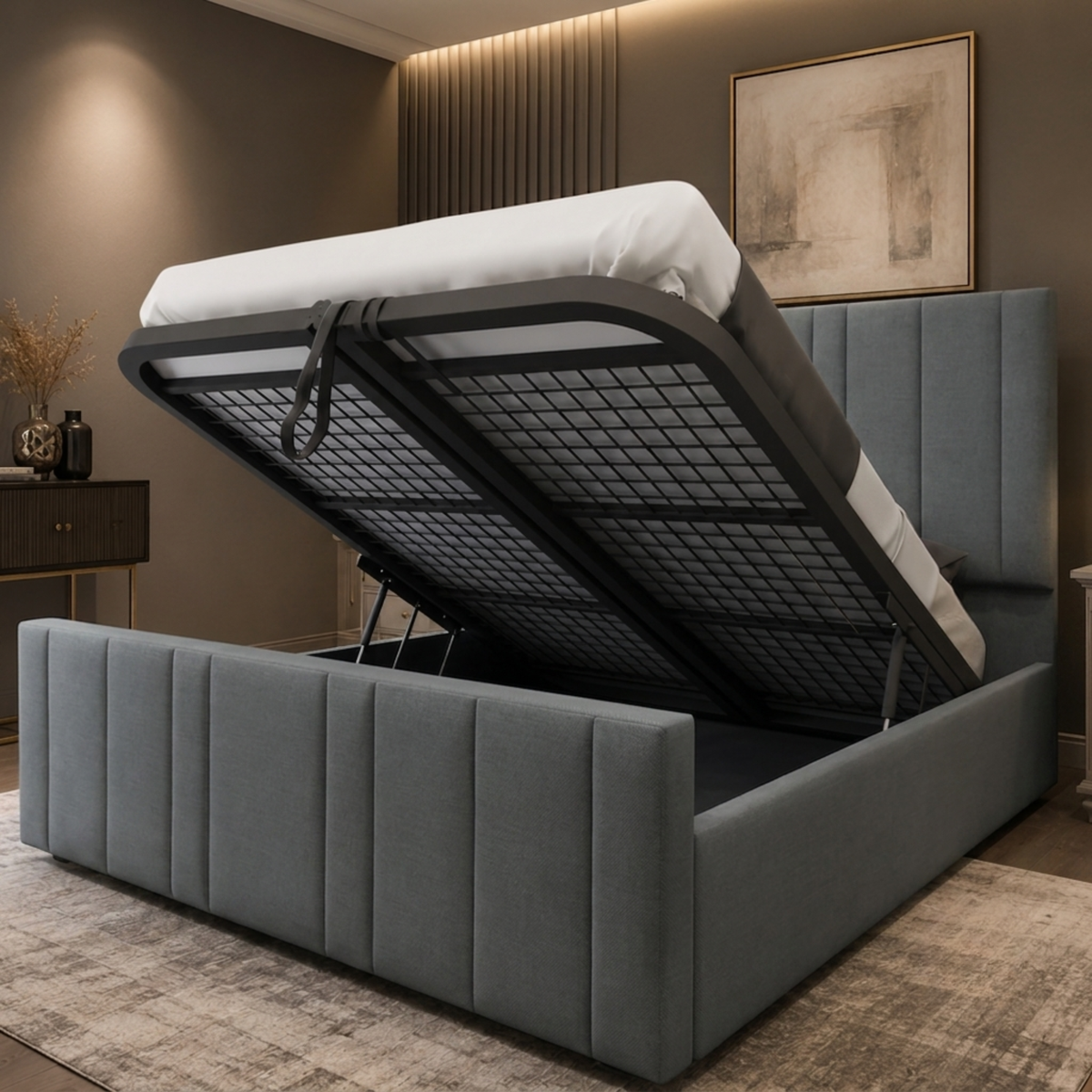 Ottoman Bed - Ottoman Bed with Gas Lift Up - Plush Velvet Upholstered Panelled Ottoman Bed with Storage, Luxury 48” Headboard Storage Bed