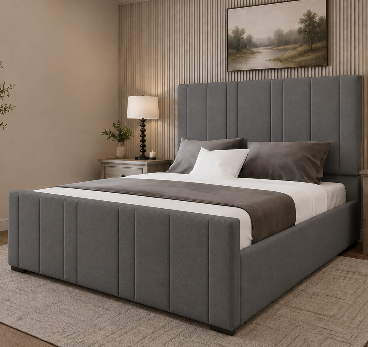48" Panelled Headboard | Verona Plush Velvet Upholstered Ottoman Bed | Mattress Set
