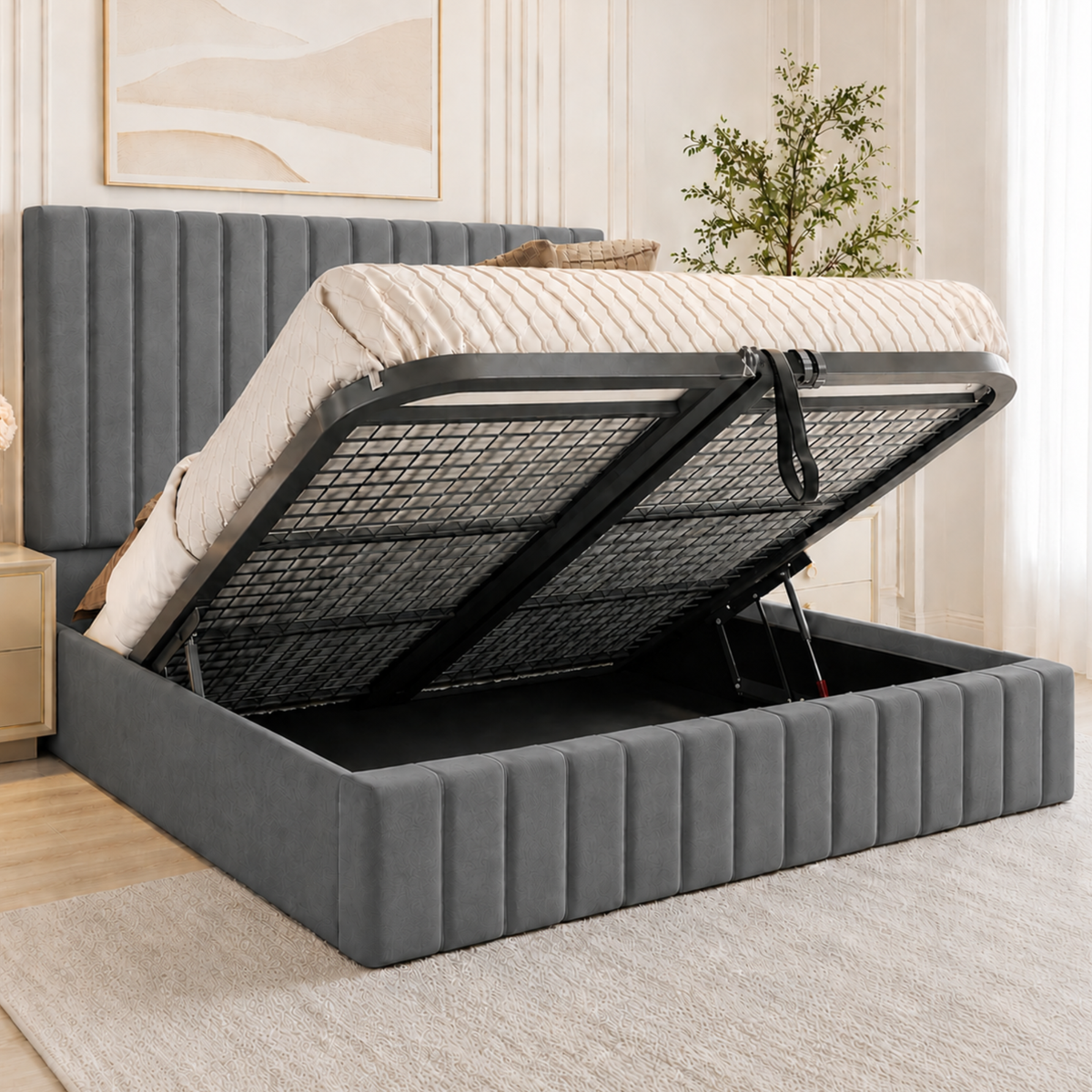 Ottoman Bed - Ottoman Bed with Gas Lift Up - Plush Velvet Upholstered Panelled Ottoman Bed with Storage, Luxury 48” Headboard Storage Beds