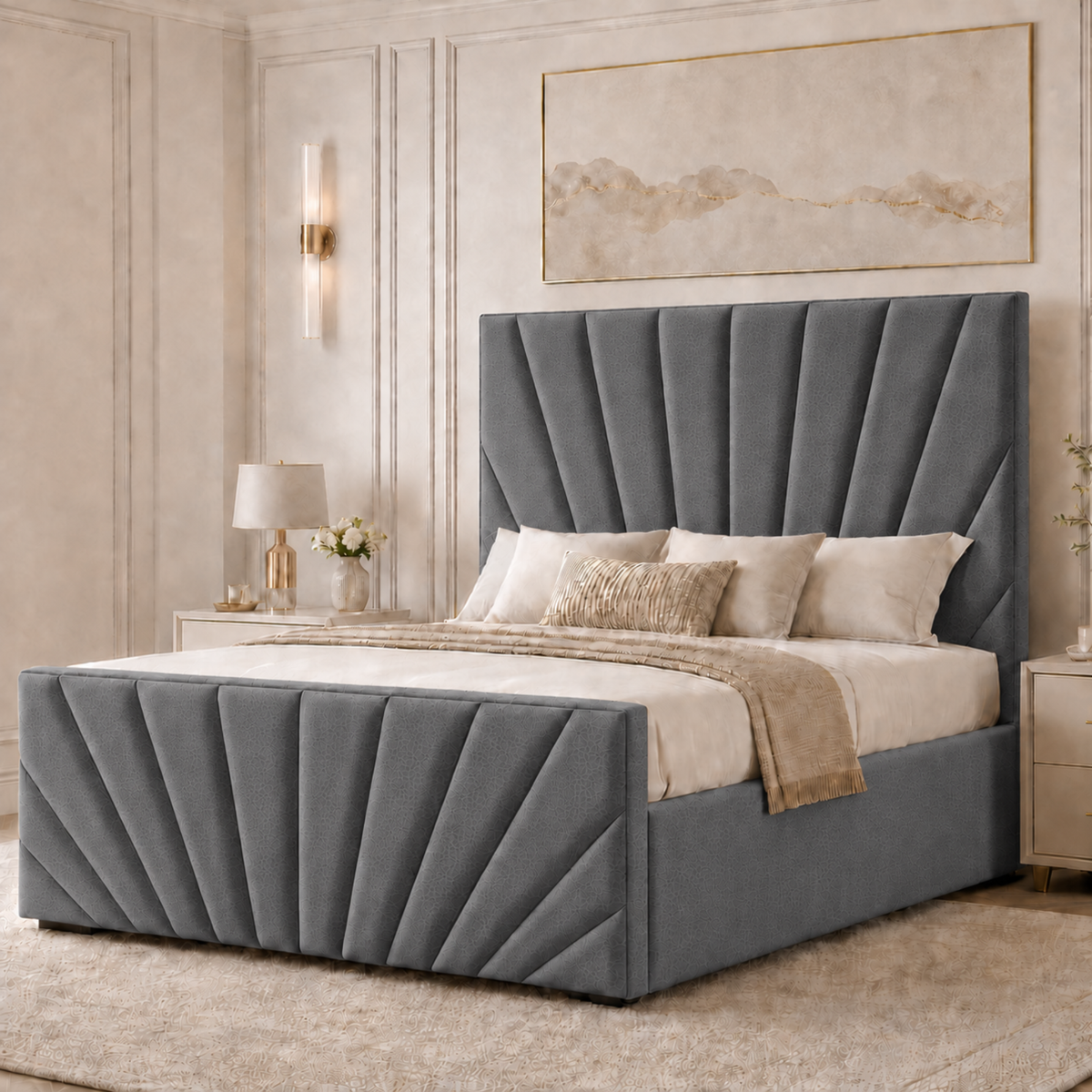 Sunrise Luxury Plush Velvet Ottoman Bed | 48" Panelled Headboard  | Bed & Mattress Set