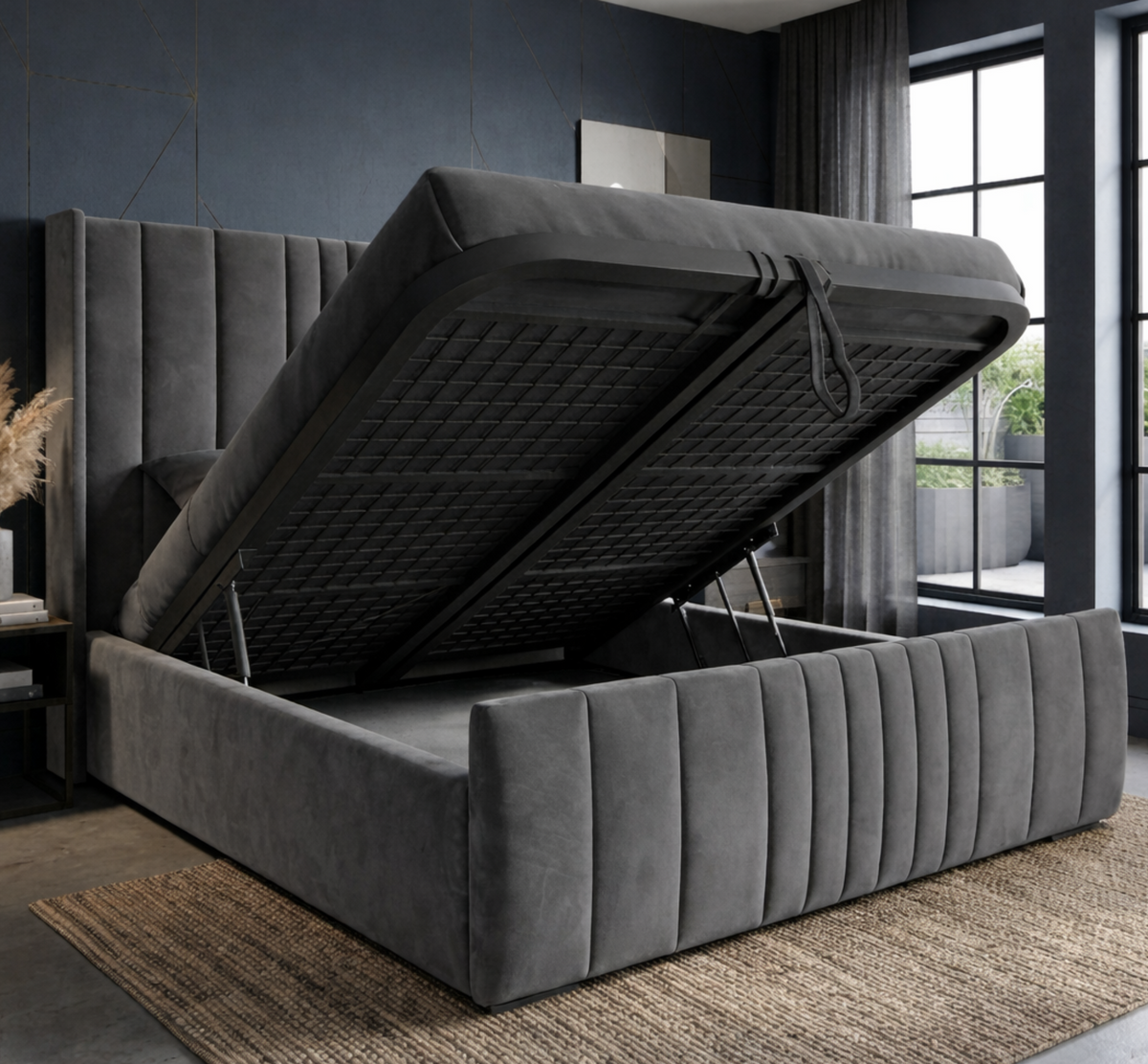Manhattan Plush Velvet Upholstered Ottoman Bed | 48" Winged Panelled Headboard | Lift-Up Storage