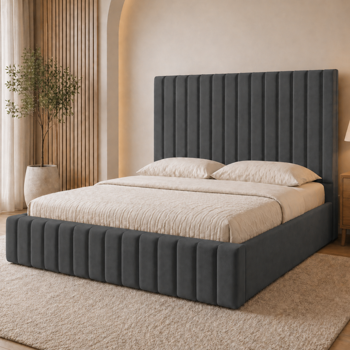 Astra Plush Velvet Upholstered Bed | Luxury 48" Panelled Headboard | Modern Bed Frame & Mattress