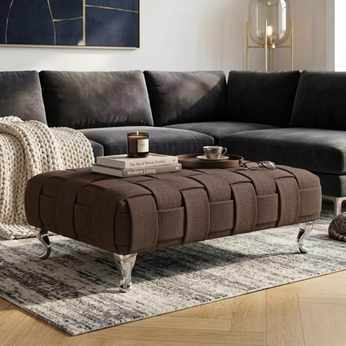 Braided Ottoman Footstool | Woven Dumfries Fabric Upholstered Footrest | Pouffe with Chrome Legs