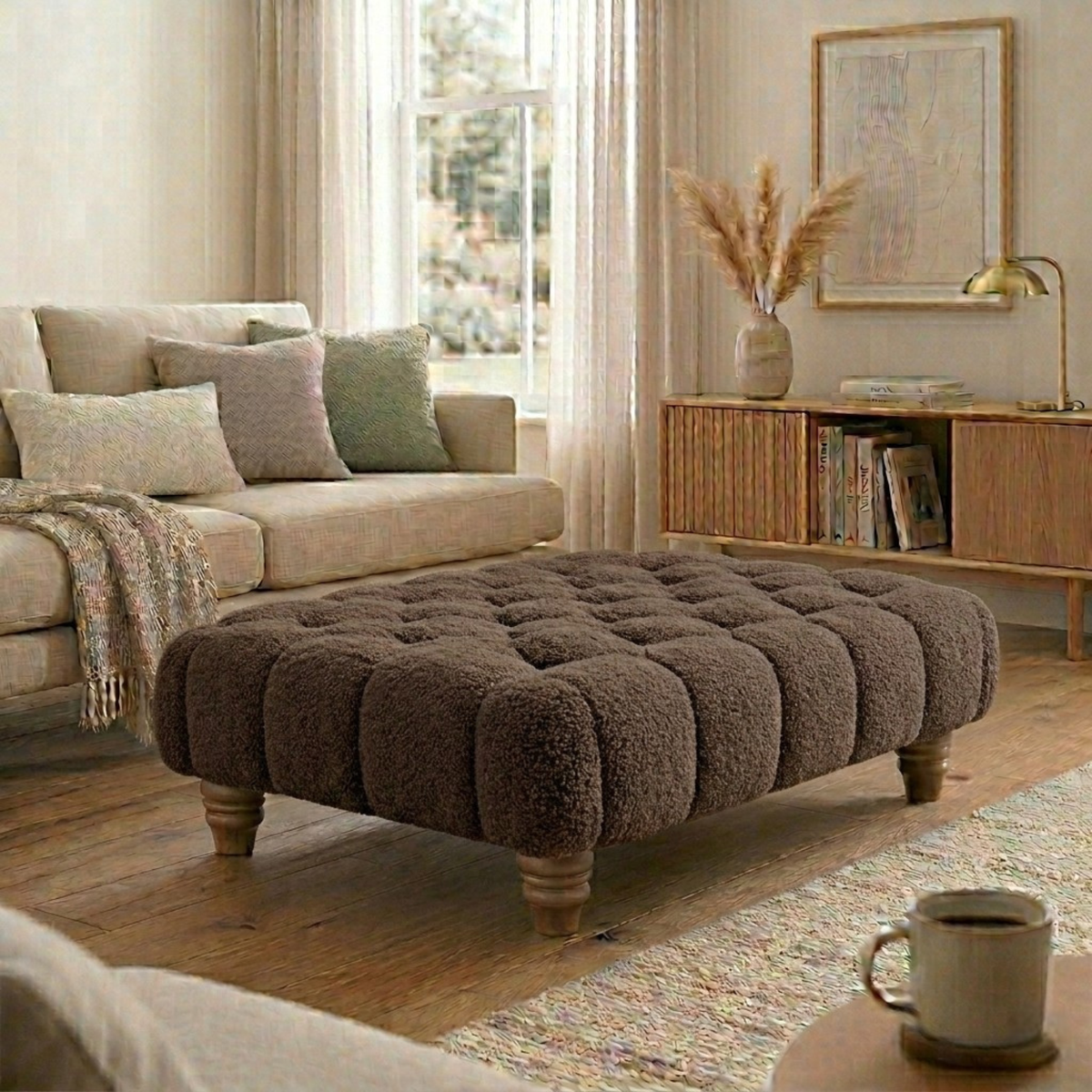 Chesterfield Foot Stool - Teddy Fabric Footstool Pouffe - Multifunctional Ottoman Rectangle Stool Boucle, Coffee Table for Living Room Bedroom Furniture