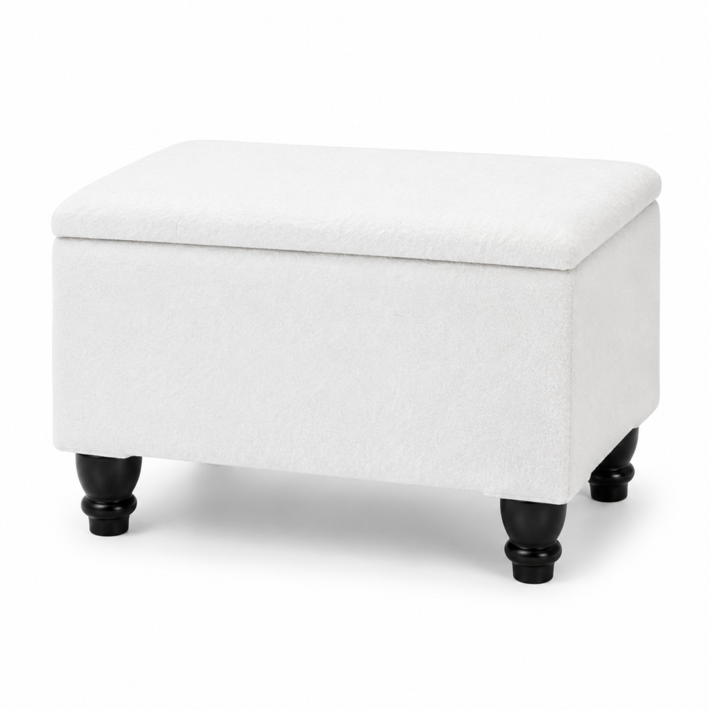 Small Ottoman Storage Footstool | Plain Top Plush Fabric Upholstered Storage Box