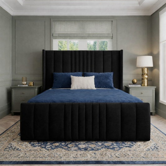 Manhattan Plush Velvet Bed | Winged Panelled Headboard | Upholstered Bed with Mattress