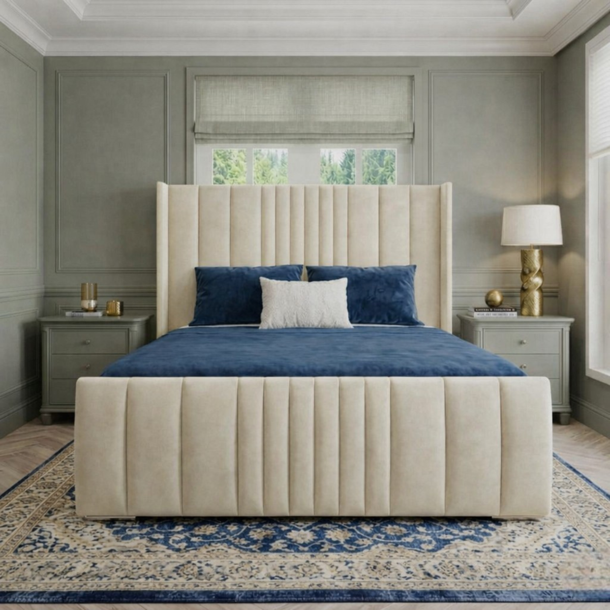 Manhattan Plush Velvet Bed | Winged Panelled Headboard | Upholstered Bed with Mattress