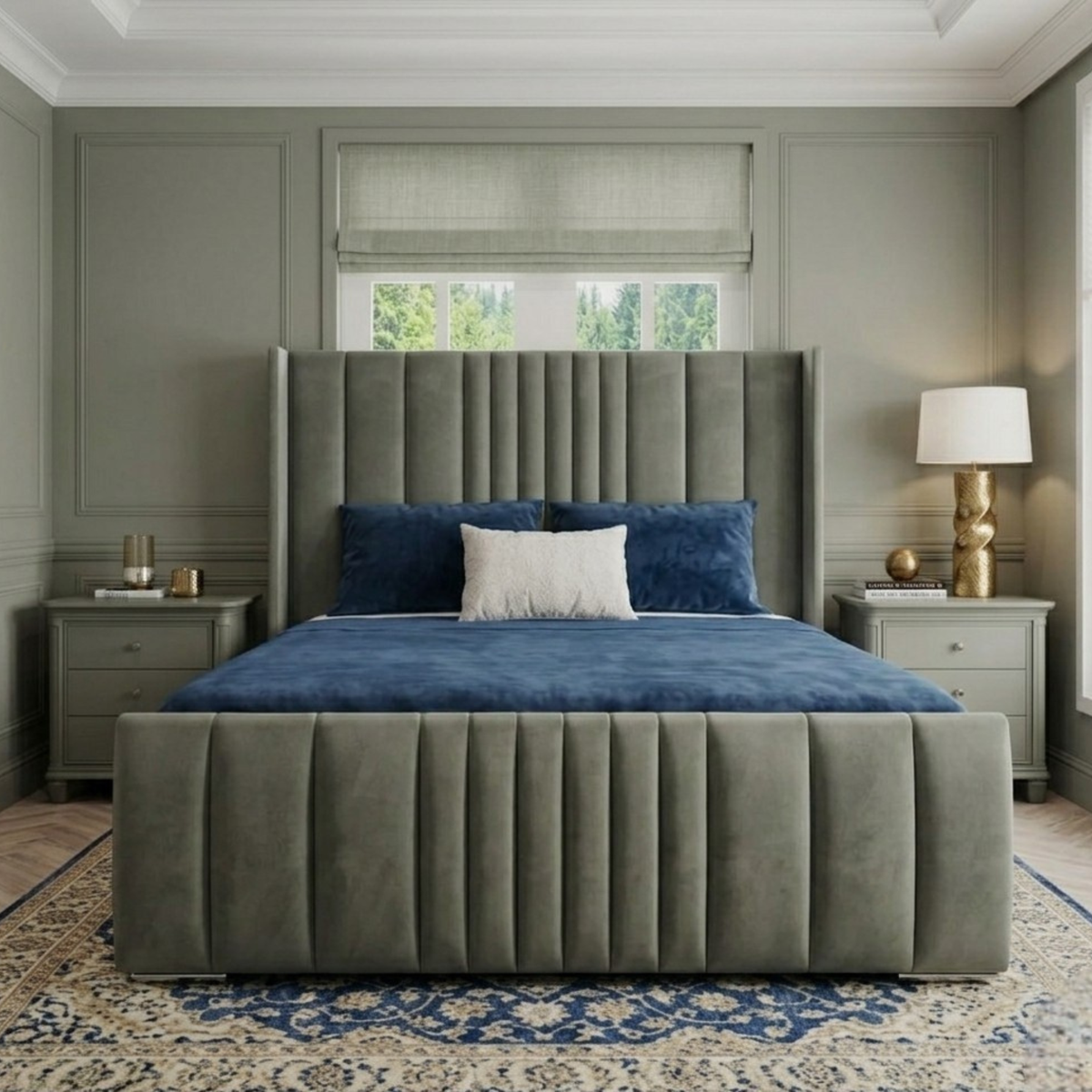 Manhattan Plush Velvet Bed | Winged Panelled Headboard | Upholstered Bed with Mattress