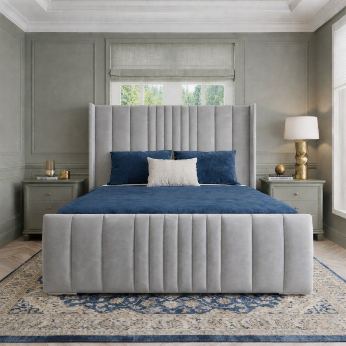 Manhattan Plush Velvet Bed | Winged Panelled Headboard | Upholstered Bed with Mattress